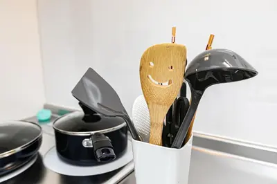 a cup of utensils and a wooden spoon at 38, Kyojima 3, Entire house for rent, \u4eac\u5cf63\u4e01\u76ee in Tokyo