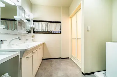 a bathroom with two sinks and a mirror at 72, Nakanobu A, Entire house for rent, \u4e2d\u5ef6A in Tokyo