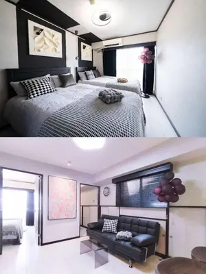 a bedroom with a bed and a living room at G112\u65b0\u5bbf\u6700\u4e2d\u5fc3 \u4ea4\u901a\u67a2\u7ebd \u8d85\u7ea7\u5546\u5708 \u4e24\u5ba4\u4e00\u5385 \u65b0\u5bbf\u4e09\u4e01\u76ee\u8f66\u7ad94\u5206 2 rooms Shinjuku center 4 mins to ST Max 7P \u76f4\u8fbe\u65b0\u5bbf \u6d89\u8c37 \u8868\u53c2\u9053 \u6c60\u888b \u4e0a\u91ce \u4ee3\u4ee3\u6728 \u94f6\u5ea7 \u539f\u5bbf in Tokyo
