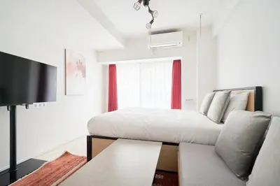 a bedroom with a bed and a tv and a couch at MAT Shinjuku West in Tokyo
