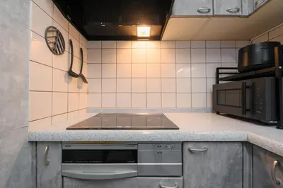a kitchen with a stove and a microwave at Pet-Friendly, Projector, 2LDK, 6pp, Shinagawa Area in Tokyo
