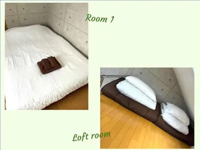 two pictures of a bed with a room and a left room at Amika First 303 AF33 in Tokyo