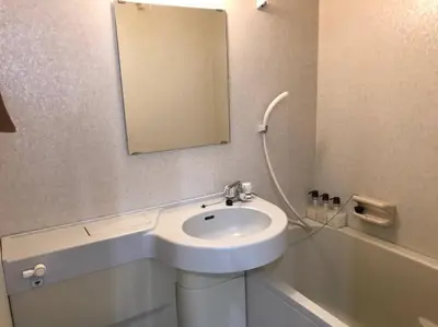 a bathroom with a sink and a mirror and a bath tub at Shibuya WAVE 302 in Tokyo