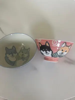 two bowls with cats painted on them sitting next to each other at \u30a2\u30fc\u30c8\u30cf\u30a6\u30b9 in Tokyo