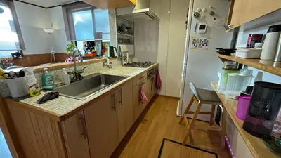 a kitchen with a sink and a counter top at Artful Cats house in Tokyo