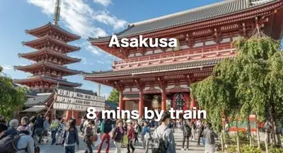 a building with a sign that reads asakusa miles by train at Daiichi House in Tokyo