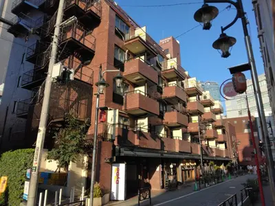 a tall red brick building with balconies on a street at \u30e9\u30a4\u30aa\u30f3\u30ba\u30de\u30f3\u30b7\u30e7\u30f3\u9053\u7384\u5742a in Tokyo