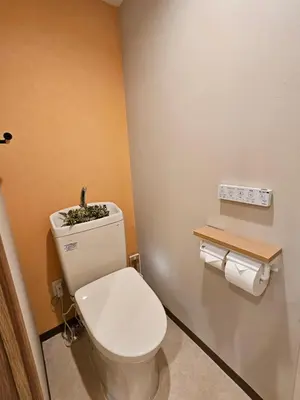 a bathroom with a toilet with a plant on top of it at Asakusa Stay in Tokyo