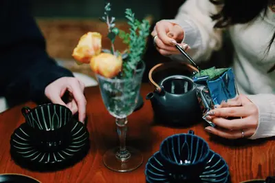 a group of people sitting at a table with plates at #11 -\u5e61\u30f6\u8c37 \u6cc9\u5eb5- \u53e4\u6c11\u5bb6\u306e\u5bbf in Tokyo