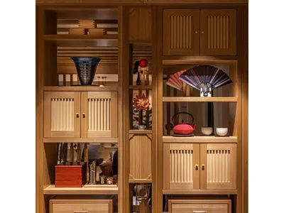 a wooden pantry with wooden doors and shelves at Prostyle Ryokan Tokyo Asakusa - Vacation STAY 48266v in Tokyo