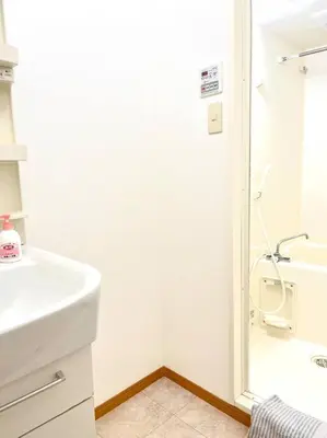 a white bathroom with a sink and a shower at \u65e5\u672c\u306e\u4e0b\u753a\u65b0\u5c0f\u5ca9\u30c7\u30e1\u30c6\u30eb202 in Tokyo