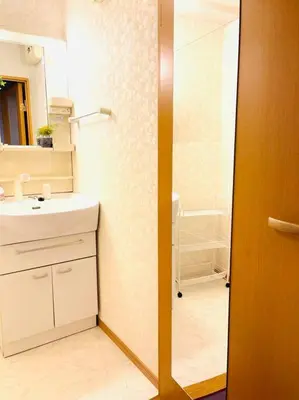 a bathroom with a white sink and a mirror at \u65b0\u5c0f\u5ca9\u30c7\u30e1\u30c6\u30eb303 in Tokyo
