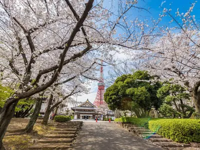 a path with the eiffel tower in the background at illi Rom Hamamatsucho in Tokyo