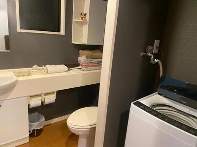 a bathroom with a toilet and a sink and a washing machine at Shinjuku House in Tokyo