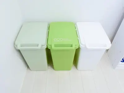 three green and white trash cans in a room at Sugamototate - Vacation STAY 50637v in Tokyo