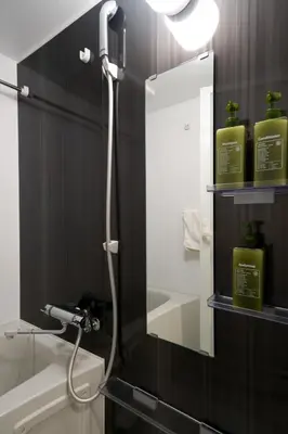 a bathroom with a mirror and a shower with two soap bottles at Fullea Yotsuya in Tokyo