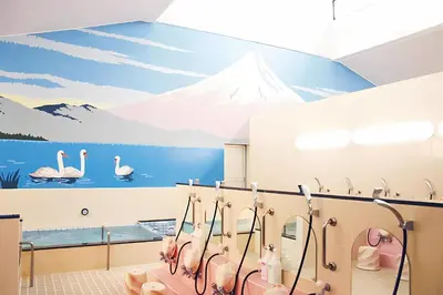 a bathroom with a mural of swans and a mountain at \u5f25\u751f\u753a1\u4e01\u76ee\u6238\u5efa in Tokyo