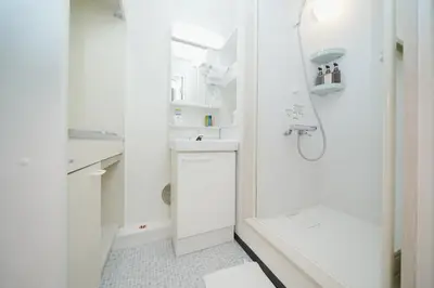 a white bathroom with a shower and a sink at \u6771\u4eac\u30ea\u30ea\u30a2\u30eb\u30db\u30c6\u30eb401 in Tokyo