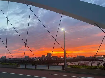 a view of a sunset from a bridge over a highway at \u5c0f\u5ca9\u6c11\u6cca\u5bbf in Tokyo