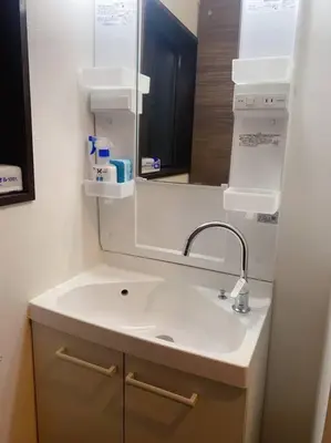 a bathroom with a sink and a mirror at \u5c0f\u5ca9\u6c11\u6cca\u5bbf in Tokyo