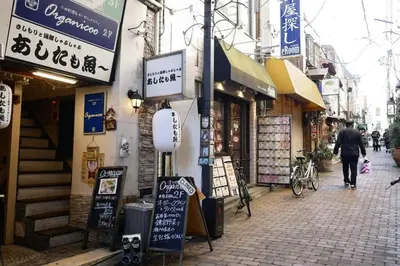 a street with signs on the side of a building at \u677e\u304c\u4e181\u4e01\u76ee in Tokyo