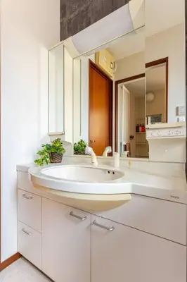 a white bathroom with a sink and a mirror at \u4e09\u5bbf1\u4e01\u76ee in Tokyo