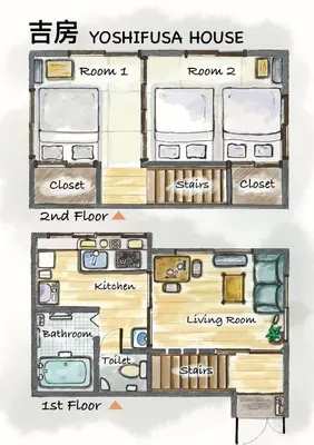 a drawing of a house with the floor plans at \u5409\u623f\u6c11\u5bbf YOSHIFUSA House \u6674\u7a7a\u5854\u5f92\u6b65\u5708 \u6574\u680b\u51fa\u79df in Tokyo