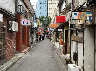 an empty alley way in a city with buildings at \u672c\u753a2\u4e01\u76ee in Tokyo