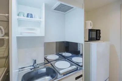 a kitchen with a stove and a sink and a refrigerator at QH102, Newly renovated hotel, direct access to Ueno, Asakusa, Disneyland, Airport in Tokyo