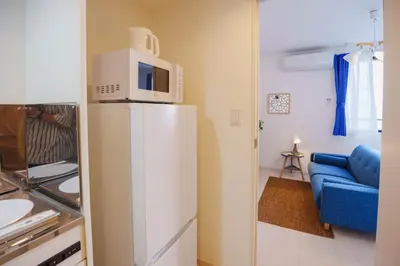 a microwave on top of a refrigerator in a room at QH201, Newly renovated hotel, direct access to Ueno, Asakusa, Disneyland, Airport in Tokyo