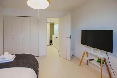 a bedroom with a bed and a flat screen tv at QH303, Newly renovated hotel, direct access to Ueno, Asakusa, Disneyland, Airport in Tokyo
