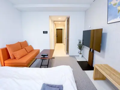 a living room with a couch and a flat screen tv at Triphome Higahsi Shinjuku Brand New in Tokyo