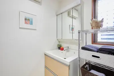 a bathroom with a sink and a mirror at Tsubaki Salon Jujo in Tokyo