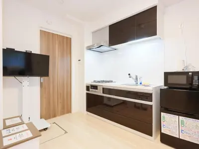 a kitchen with a sink and a stove top oven at Shinjuku Tokyo Holiday Hotel in Tokyo