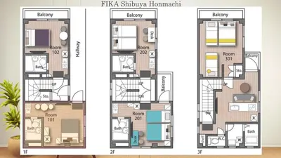 two views of a floor plan of a villa at FIKA Shibuya Honmachi 101 in Tokyo