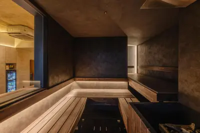 a bathtub in the middle of a room at YUURO Bath-Living Hotel Ryogoku in Tokyo