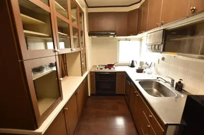 a kitchen with wooden cabinets and a sink and a window at Randor Residence Tokyo Grand in Tokyo