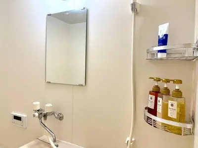 a bathroom with a mirror and a sink at \u65b0\u5bbf\u4e00\u7ad95\u5206\u949f-101-\u9910\u9986\u8d2d\u7269\u8857-\u5b89\u9759\u54c1\u8d28\u516c\u5bd3-\u76f4\u8fbe\u7687\u5c45\u79cb\u53f6\u539f in Tokyo