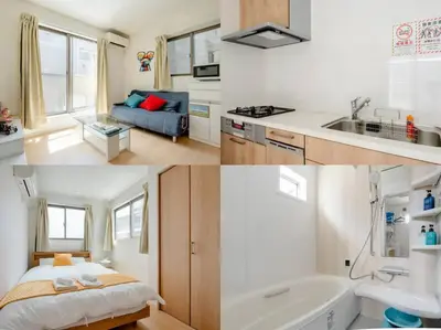 a collage of photos of a kitchen and a bathroom at \u5343\u4f4f\u5bff\u753a2f 3f in Tokyo