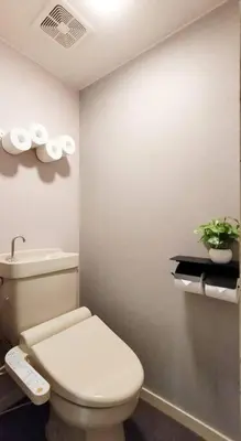 a bathroom with a toilet and a plant on a shelf at \u7acb\u77f35\u4e01\u76eem202 in Tokyo