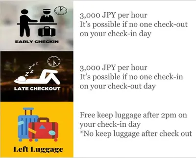 three different signs with a suitcase and a clock at \u65b0\u4e951\u4e01\u76ee in Tokyo
