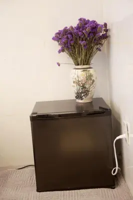 a vase of purple flowers on top of a refrigerator at MIYAVI hotel in Tokyo