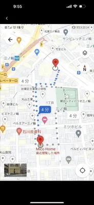 a close up of a map with red dots at \u4e09\u30ce\u8f2a201 in Tokyo