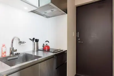 a kitchen with a sink and a black door at EstLargo Meguro in Tokyo