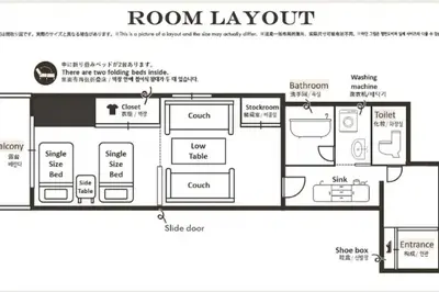 a floor plan of a room layout at NishiShinjuku5chome sta 5 mins walk Max 5 people in Tokyo