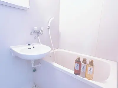 a bathroom with a sink and a bath tub with three bottles at Asakusa City Heim in Tokyo