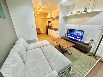 a living room with a couch and a flat screen tv at Luna House ASAKUSA TOKYO SKYTREE in Tokyo