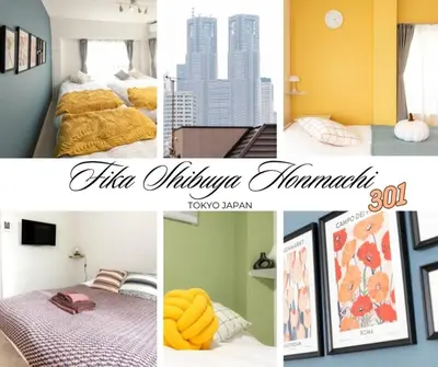 a collage of photos of a hotel room at FIKA Shibuya Honmachi 301 in Tokyo