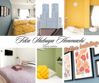 a collage of pictures of a hotel room at FIKA Shibuya Honmachi Entire building in Tokyo