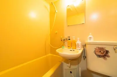a yellow bathroom with a sink and a toilet at \u30c8\u30a6\u30bb\u30f3\u30cf\u30a4\u30c4 in Tokyo